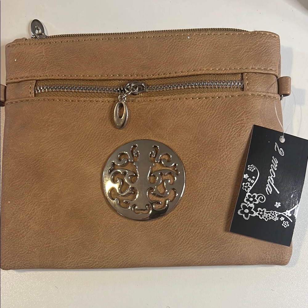 Moda Tan Clutch with Medallion Accent